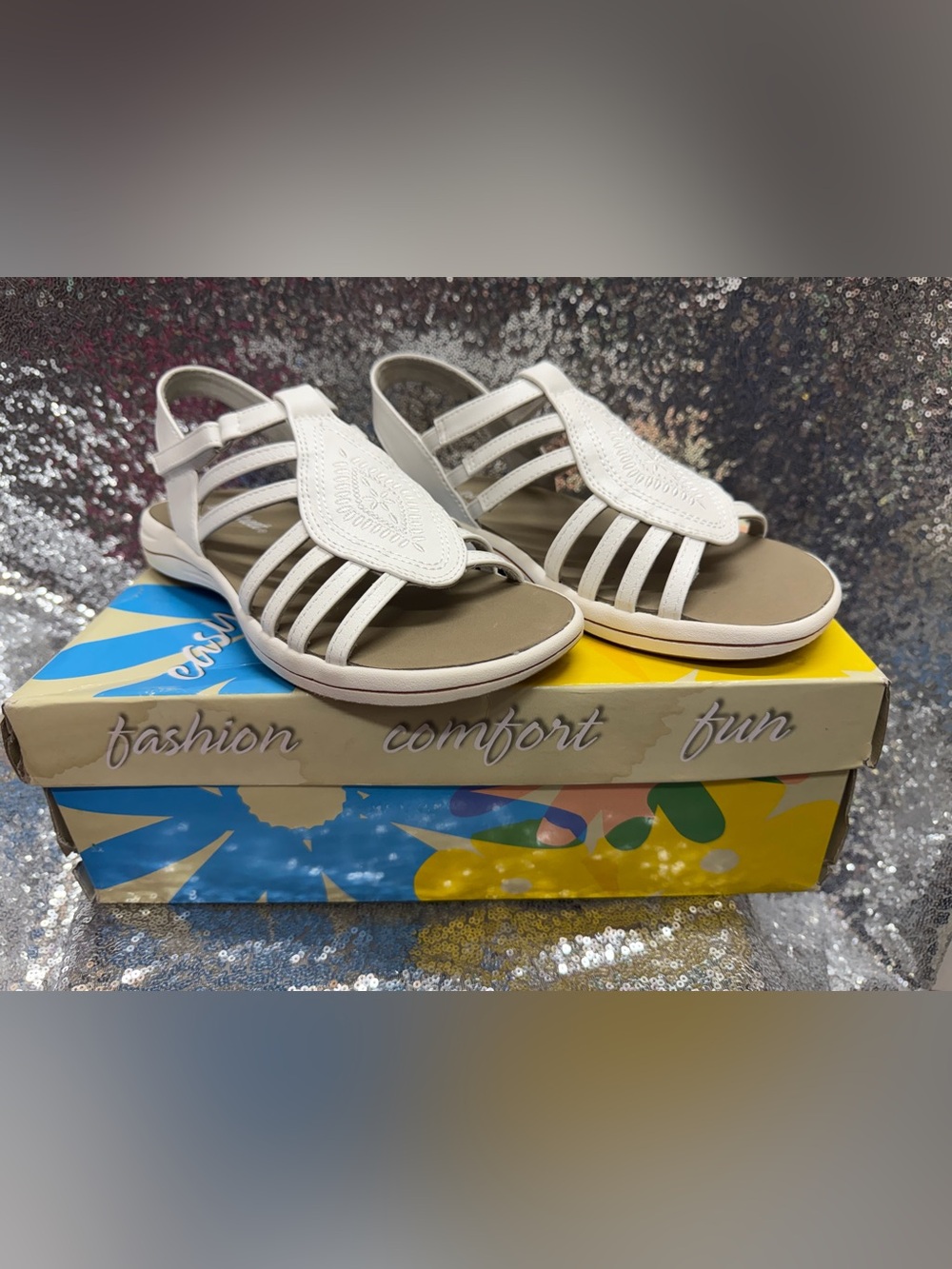 easy street White Strappy Embroidered Slide Sandals